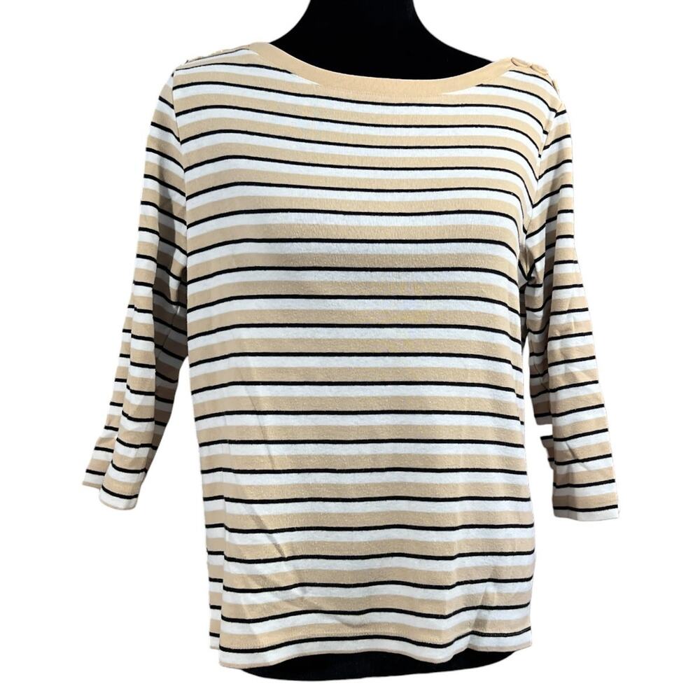 St John's Bay 3/4 Sleeve Boat Neck Top Petite Medium 100% Cotton Stripes